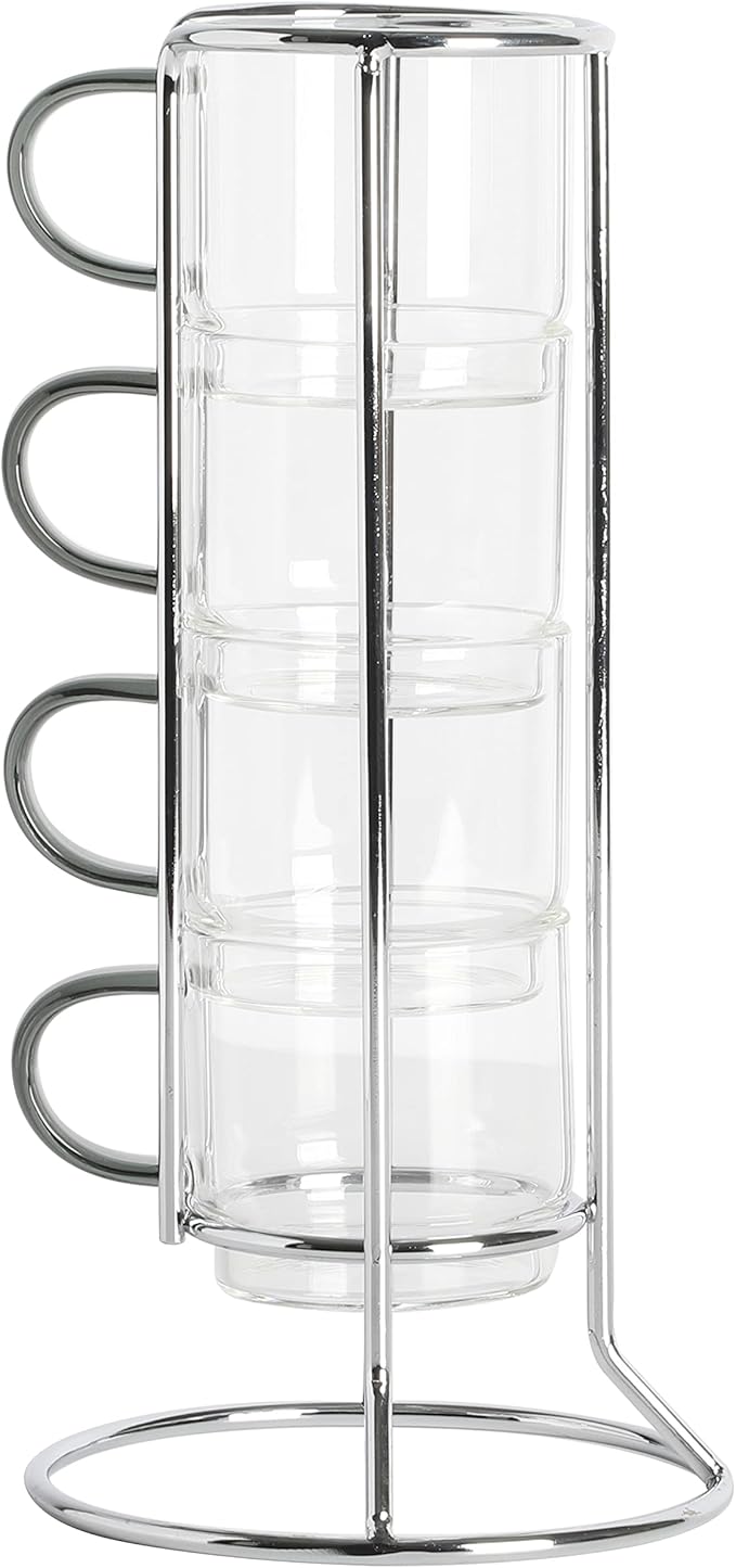 Gibson Soho Lounge Stackable Glass Espresso Cups with Rack, 4-Piece Set, 3.8oz – Durable Glass Coffee Cups