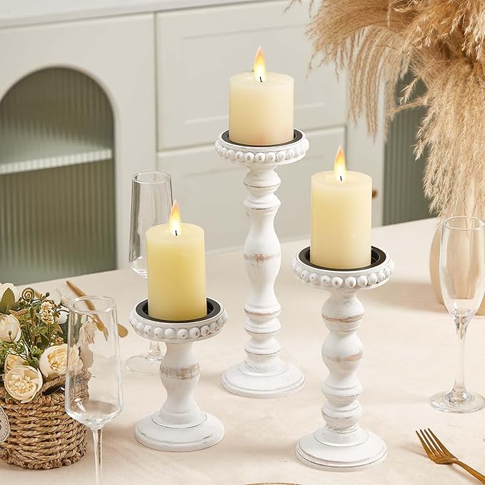 Mumufy 3 Pcs Candle Holders for Pillar Candles Rustic Farmhouse Home Decor Decorative Washed Beaded White Black Wood Candle Holder Country Style for Table Mantel Fireplace Wedding(White,Large)