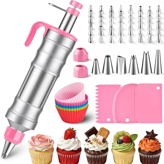 Dessert Decorating Syringe Set - Cupcake Icing Piping Kit, Cupcake Frosting Filling Injector with 54 Piping Icing Nozzles, 9 Silicone Cupcakes, 3 Cream Scrapers -for Cake,Cupcakes,Cookie (69Pcs-Pink)