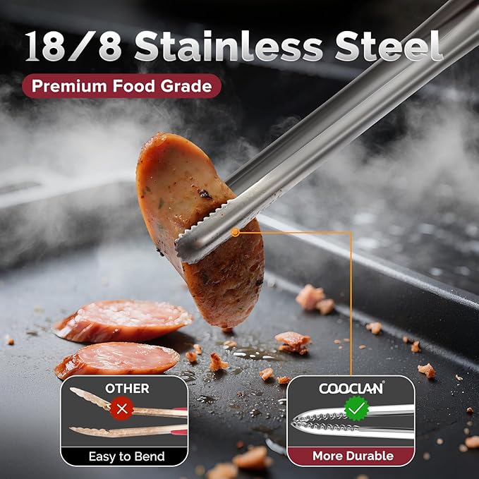 Precision Serrated Non-Slip Tips Cooking Tongs 2 Set (9.5" & 11.5"), One-Piece 18/8 Stainless Steel Metal Tongs, Easily Control Kitchen Tweezer, Multi-Purpose Korean Tong