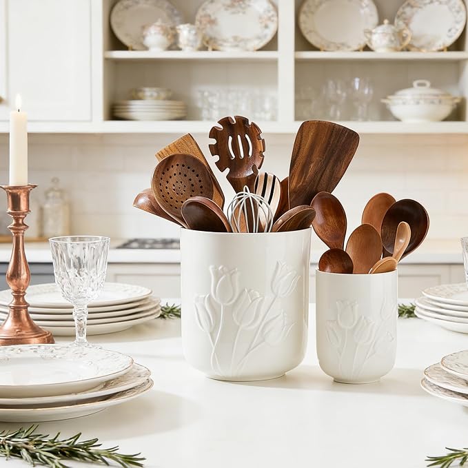 Tulips White Ceramic Utensil Holder Set, Large Kitchen Utensil Crocks – Modern Countertop Organizer for Cooking Utensils, Spatula, Spoons | Practical Kitchen Counter Decor