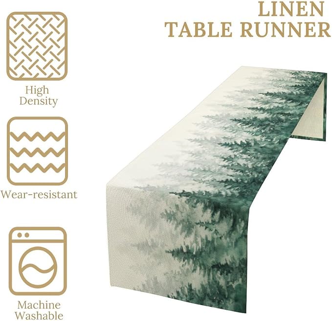 Forest Table Runner, Vintage Rustic Natural Green Watercolour Misty Pine Tree Grove Table Decor Table Top Dining Kitchen Wedding Party 13x70 in