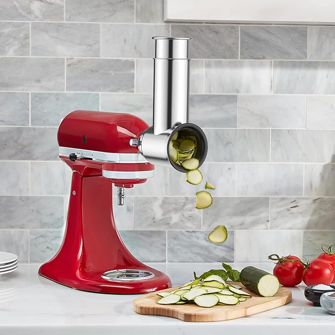 Stainless Steel Slicer Shredder Attachment for KitchenAid Stand Mixer, Cheese Grater Attachment for KitchenAid, Salad Maker, Grinding Powder, Dishwasher Safe with 4 Blades by InnoMoon