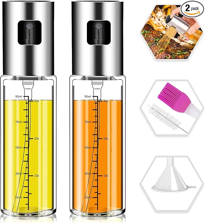 NORBASE Oil Sprayer for Cooking, 2 Pack Upgraded Olive Oil Spray Bottle Mister Refillable with Scale Air Fryer Accessories for Kitchen, Salad, Baking, BBQ, Frying