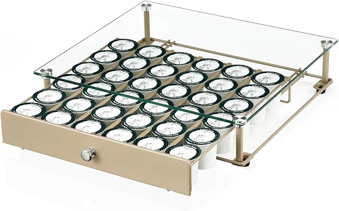 Coffee Pod Holder With Tempered Glass Top Drawer - Compatible With K Cup Pods, Holds 36 - Storage Organizer for Shop, Office, Kitchen Counter 14 13 3 in