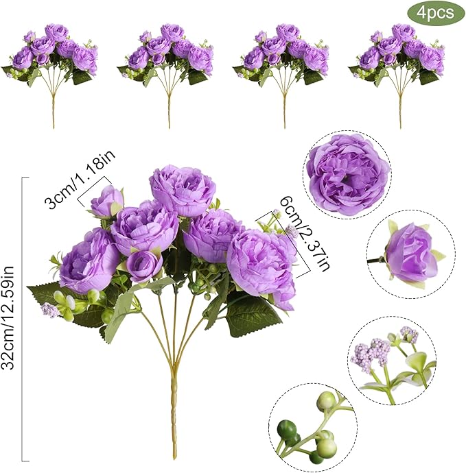 Artificial Peonies Silk Flowers, Purple Faux Peony Bouquet 4 Bundles Florals Arrangements Decor for Farmhouse Home Boho Wedding Table Centerpiece, Fake Plastic Flowers Bulk for Vase Decoration Purple