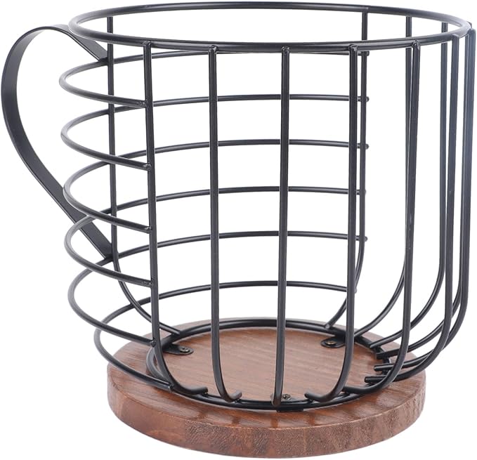 Qiilu Coffee Pod Holder - Large Capacity Black Wire Storage Basket with Wooden Base - Modern Coffee Capsule Decor for Kitchen Counter Accessory