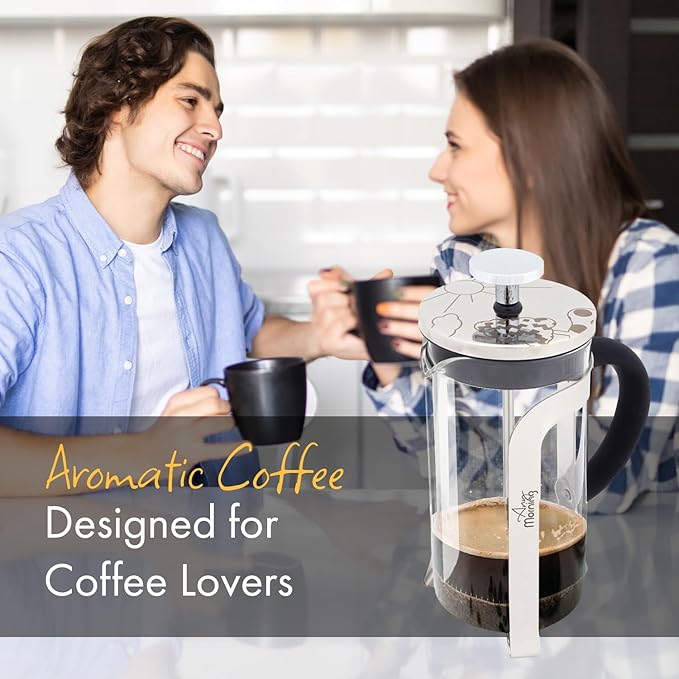 Any Morning French Press Coffee Maker,Tea & Coffee Press with Triple Stainless Steel Filter, small french press Coffee Brewer for Camping and Travel, Borosilicate Glass, 11 Oz, Black