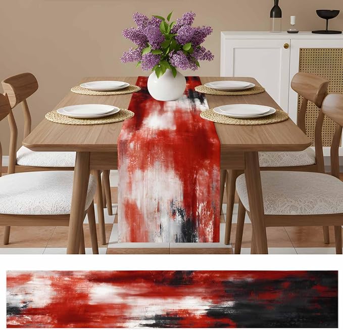 Retro Black Red Table Runners 70 Inches Long, Cotton Linen Fabric Table Runner Dresser Scarf, Abstract Bohemia Minimalist Aesthetic Art Tablerunner for Party/Kitchen/Dinner/Wedding Decor 13"x70"