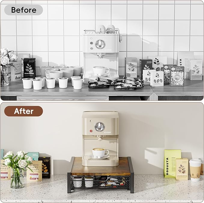 KLM Coffee Pod Holder for Keuring K-Cup,Rustic Brown Counter Storage Organizer with Sliding Drawer,Holds 35 Pods,No Assembly Required.