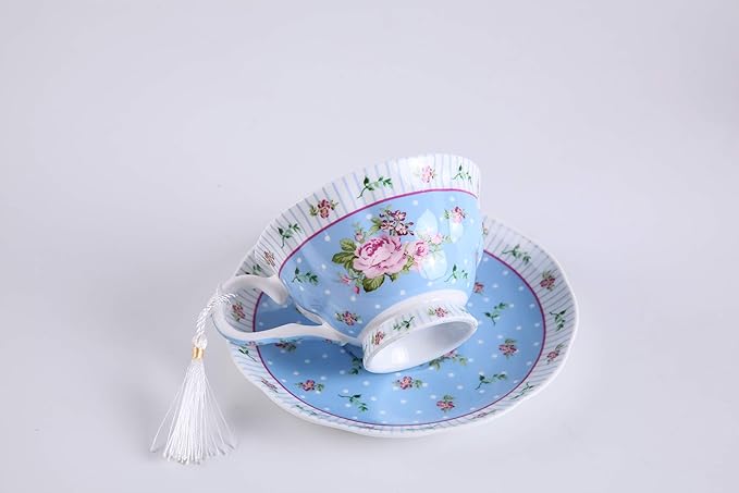 London Boutique Coffee Tea Cups and Saucers Set Afternoon Tea Vintage Flora Rose Gift Box 7.5oz (Rose Blue set 1)