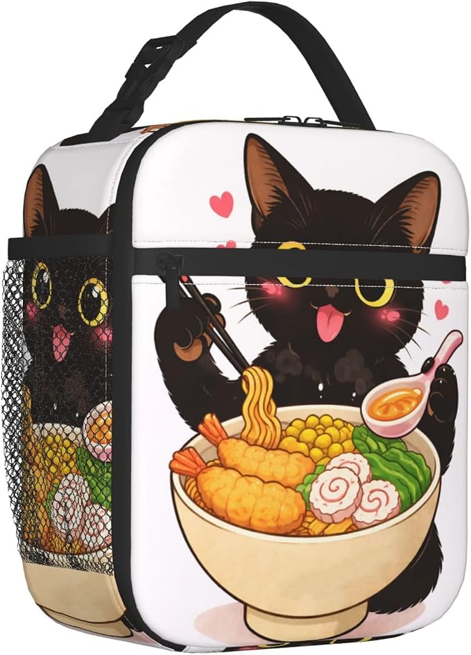 Black Cat Ramen Portable Lunch Bag, Insulated Lunch Box Reusable Totes for Women Men Adults, Lunchbag for Work Picnic Camping