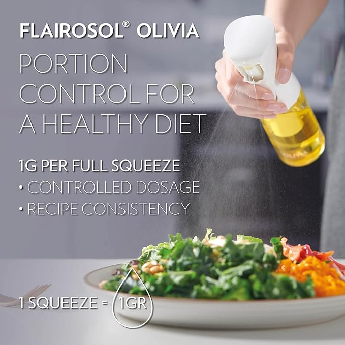 OLIVIA SIGNATURE Advanced Kitchen Oil Sprayer with Flairosol Technology, Fine Mist & Portion Control, Refillable Glass Olive Oil Cooking Spray Bottle for Air Fryer, Salad, BBQ, 130ml (Gold Print)