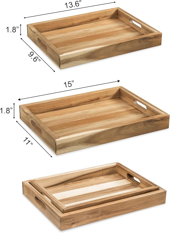 Natural Acacia Wooden Rectangular Serving Tray with Handles, Set of 2 (15"x11" & 13.6"x9.6"), Large Tray for Ottoman, Breakfast in Bed, Dinner, Coffee Table Decor & Kitchen