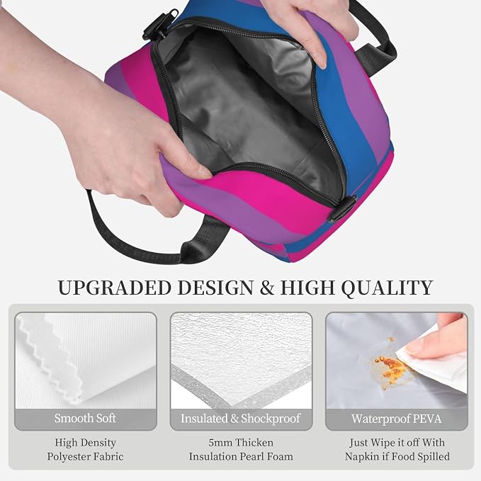 Bisexual Pride Flag Lunch Box Insulated Lunch Bag Portable Zipper Cooler Tote Bag Adult Bento Box for Women Men Reusable Meal Organizer with Adjustable Strap for Work Office Picnic Travel
