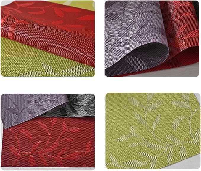 Leaf Placemats Set of 4 Non-Slip Heat-Resistant Vinyl Washable Place Mats for Kitchen Table Indoor Outdoor Durable (18"x12", Green)