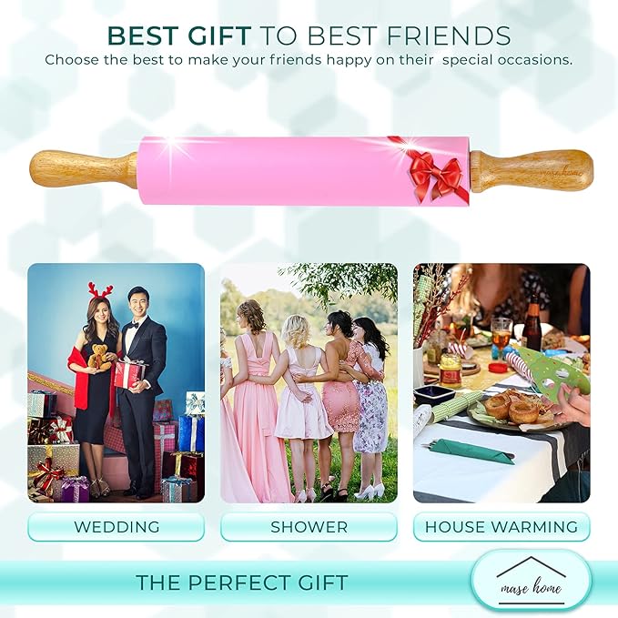 [mase home] Silicone Rolling Pin for Baking – 17" Non-Stick Dough Roller with Wooden Handles (Pink)