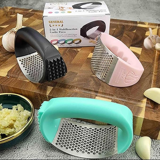 3-in-1 Stainless Steel Garlic Press with Peeler & Brush - Professional Heavy Duty Garlic Mincer, Dishwasher Safe Kitchen Gadgets for Cooking, Easy Clean Design (Black)