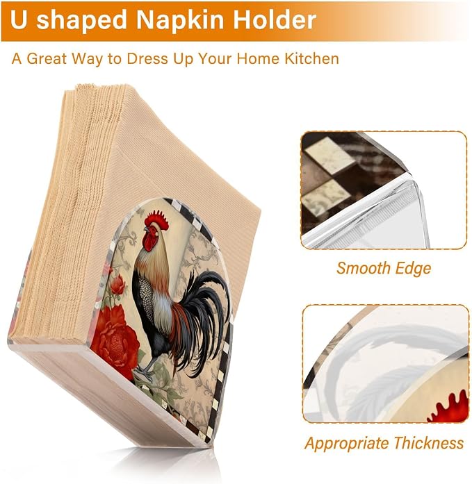 Qilmy Retro Red Rooster Napkin Holder for Table –Napkin Holders for Kitchen, Table Napkin Holders, Cocktail Napkin Holder,Paper Napkins Holder