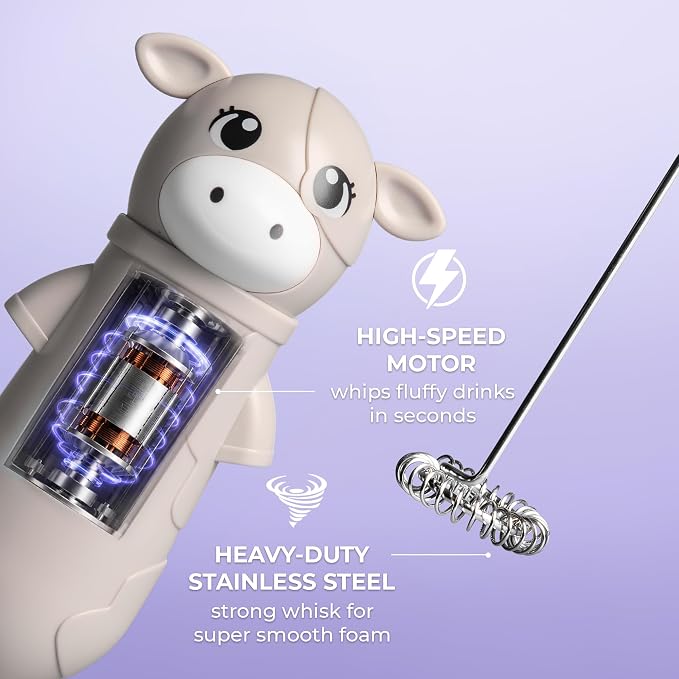 Zulay Kitchen Cow Milk Frother Wand – Cutesy Frother, Meet Your New Frothing Buddy Misty The Cow, Adoption Papers and Stickers Included, Purrr-fect for Lattes, Cappuccino & Matcha – Gray