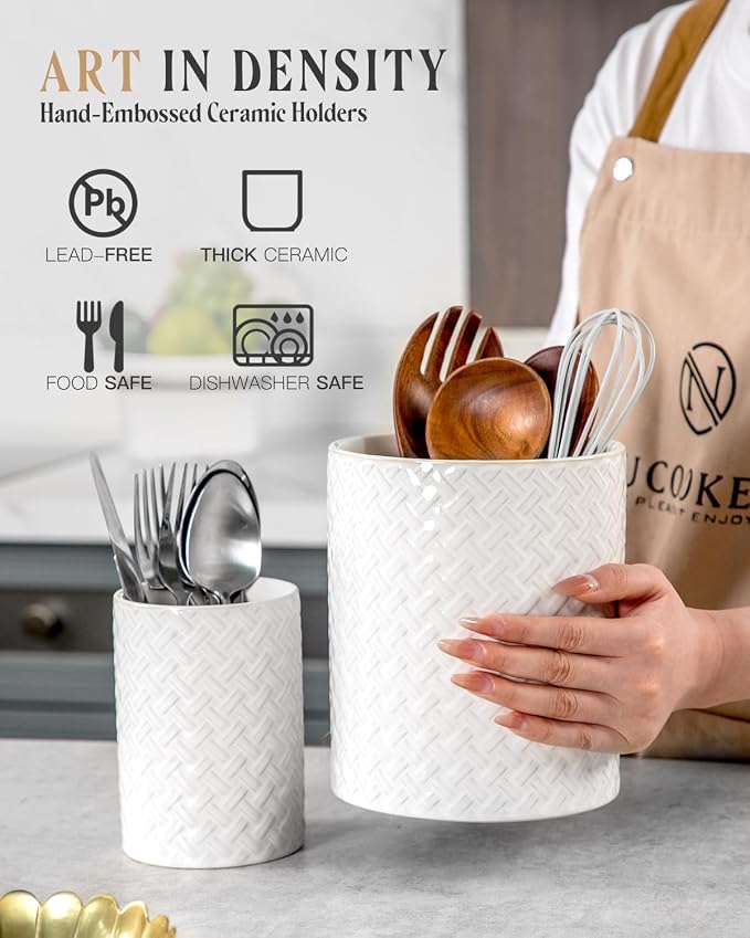 Nucookery Utensil Holder for Kitchen Counter, White Large Stable Ceramic Cooking Utensil Crock for Countertop Organizer, Farmhouse Decor,Set of 2, 7.1"&5.4", Christmas Thanksgiving Gift, Woven Pattern