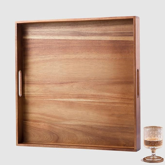 Extra Large 22INCH Premium Acacia Wood Tray Square Ottoman Tray with Handles Wooden Serving Tray Multi-Use for Breakfast in Bed Coffee Table Snack Entertaining Guests