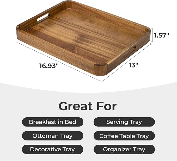 HILLSPRING Acacia Wood Serving Tray with Handles,17 Inch Rectangular Farmhouse Rustic Ottoman & Coffee Table Tray for Living Room, Breakfast in Bed, Charcuterie, Brown