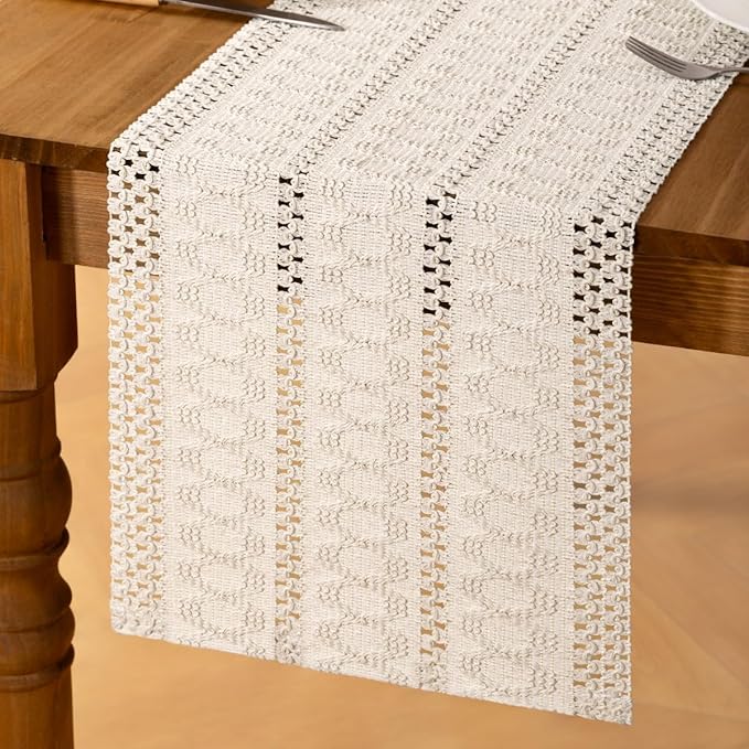 MLMC Ivory Boho Table Runner Farmhouse Macrame Woven Table Runner 60 inch Long Rustic Cotton Linen Blend Table Decor for Dinning Kitchen Wedding Bridal Shower Eveyrday Use 12x60 Inch