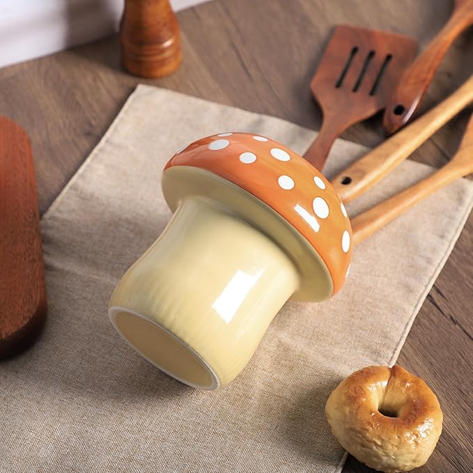 Mushroom Shaped Ceramic Kitchen Utensil Holder, Large Cooking Utensil Crocks for Kitchen Countertop, Ceramic Utensil Organizer for Spatula, Kitchen, Home Decoration-Brown