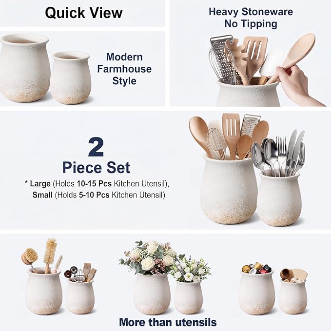 Qinyoung Set of 2 Rustic Kitchen Utensil Holder for Countertop, 6.5"+4.9" Ceramic Farmhouse Cooking Utensil Crock, Boho Decorative Jar for Kitchen Decor, Vintage Tool Organizer for Spoons, Spatulas