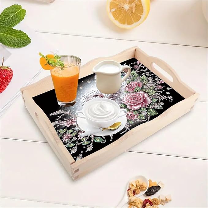 DIY Diamond Serving Tray with Handle Handmade Diamond Art Painting Wooden Rectangular Breakfast Tray for Dinner Plate Coffee Room Living Home Organizer-Bird