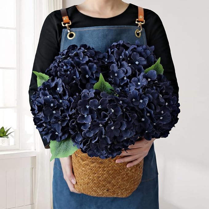 JINWOE Dark Navy Blue Silk Hydrangea,5Pcs 20Inch Full Large Artificial Flower Heads with Stems Fake Hydrangeas Flowers for DIY Wedding Centerpiece Home Decor
