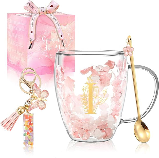 Gifts for Women Flower Double Wall Cute Novelty Glass Coffee Mug Tea Cup with Spoon Customized Wedding Favors Personalized Christmas Valentines Birthday Gifts for Women Bride Wife Friends Sisters (I)