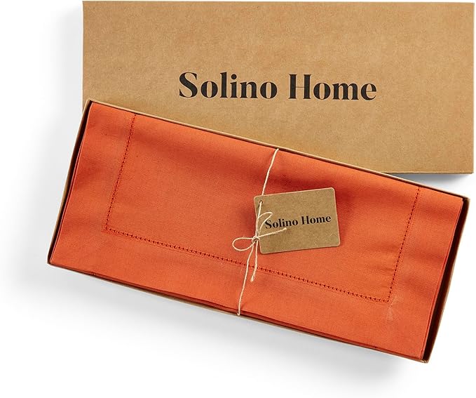 Solino Home Cotton Linen Burnt Orange Table Runner 72 Inches Long - Hemstitch Table Runner 14 x 72 Inch for Dresser, Dining