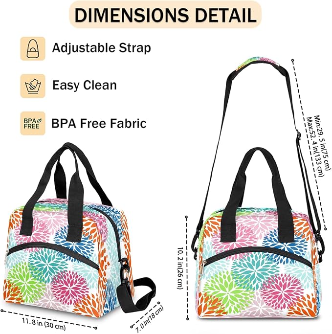 Pardick Colorful Flower Floral Insulated Lunch Bag for Women Girl Reusable Lunch Tote Box With Shoulder Strap Lightweight Thermal Cooler Meal Prep Bag for Work School Office Picnic