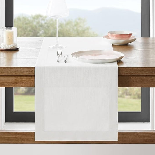 ZeeMart Linen Textured Border Table Runner, 14 x 108 Inch White, Farmhouse Style White Table Runners 108 Inches Long, Easy Care Everyday Polyester Table Runner