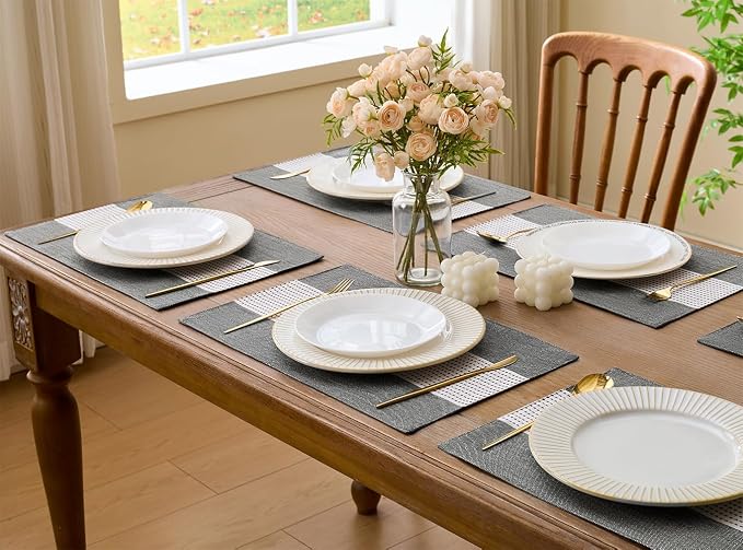 Wracra Linen Placemats Set of 4, Black Macrame Place Mats for Kitchen Table | Stripe Placemats 12 x 18 Inch; Heat Resistant Table Mats; Premium Cotton Linen Woven Fabric; Delicate Splicing Designs