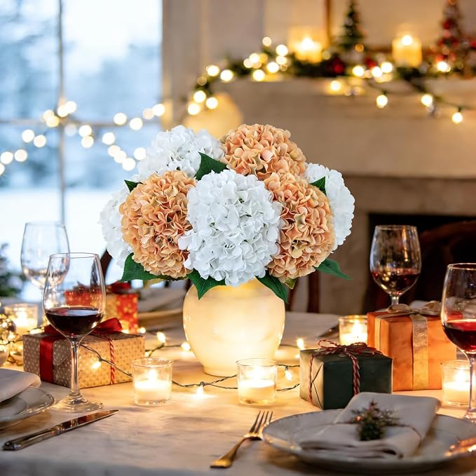 ZYTUYO 5 Pcs Peach Orange Silk Hydrangeas Artificial Flower Boho Dried Touch 20'' Faux Hydrangeas for Indoor Home Decor Kitchen Living Room Outdoor Porch Wedding Flower Arrangement