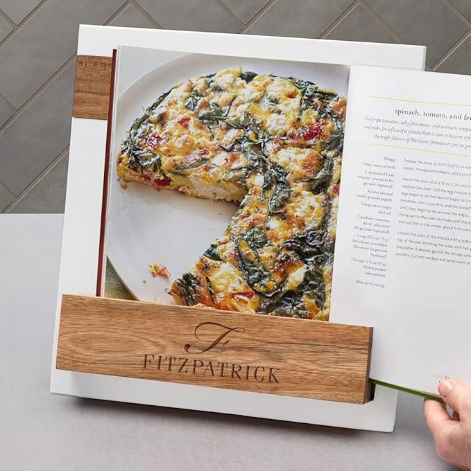 Personalized Cookbook Stand – Custom Engraved Acacia Wood & White Marble Recipe Book Holder with Weighted Base – Rustic Design, Tablet & Cookbook Stand for Kitchen Counter, 12 × 11 × 7.5 