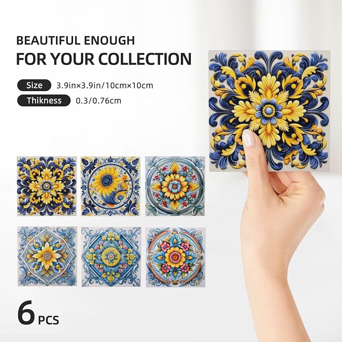 Coaster for Drinks Set of 6, Blue Vintage Spanish Ceramic Floral Absorbent Round Ceramic Stone Mat, with Cork Base and Metal Holder, Gift for Housewarming Room Bar Decor (Ornate Mosaic Tile-5)