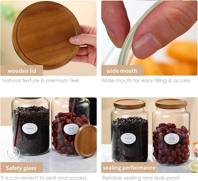 1 Gallon Glass Jars with Wood Lids and glass spoon, Sealable Waterproof, Borosilicate Large Tall Glass Sugar Flour Storage Container Jar Set for Candy, Cereal - 2 Pack (1 Gallon - 2 pack)