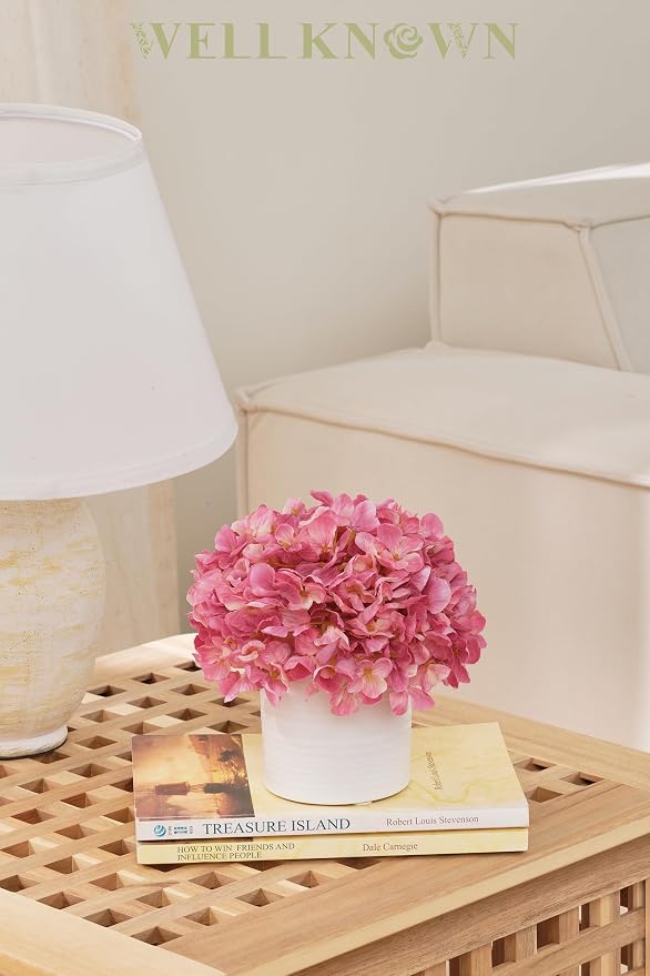 Pink Hydrangea Fake Flowers in Vase, Spring Artificial Flowers with White Ceramic Vase, Small Faux Potted Floral Arrangements for Home Bathroom Kitchen Vanity Shelf Coffee Table Centerpiece Decor Gift