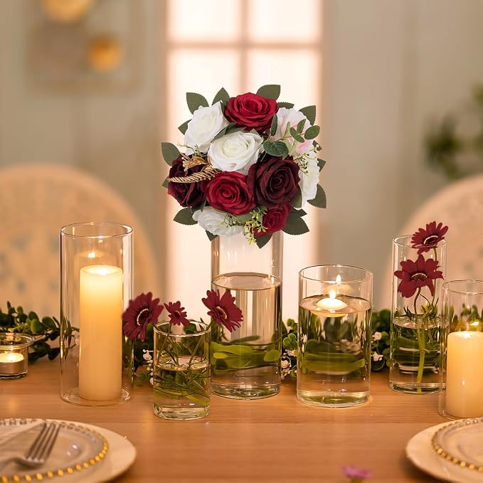 BLOSMON Artificial Flowers Ball Wedding Centerpieces 6 Pcs Burgundy Rose Artificial Flower Center Pieces Decoration for Table Silk Kissing Ball Faux Floral Bouquet Arrangements Home Party DIY Decor