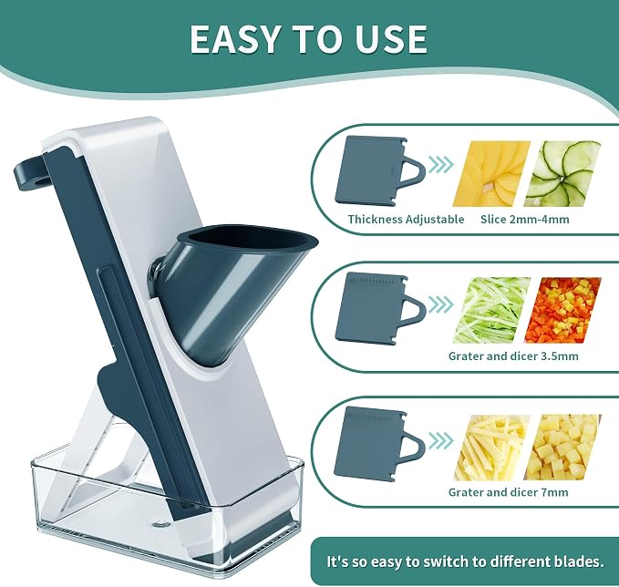 4in1 Mandoline Slicer for kitchen, Potatoes Slicer, Safe Mandoline Slicer, Vegetable Strip Julienne Cutter, Fast Meal Prep
