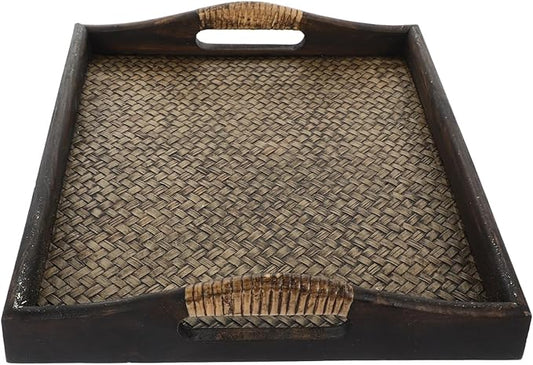PartyKindom Handmade Wood and Rattan Serving Tray with Elevated Handles, Large Rectangular Decorative Tray for Ottoman, Coffee Table, Spa Salon and Hotel Room