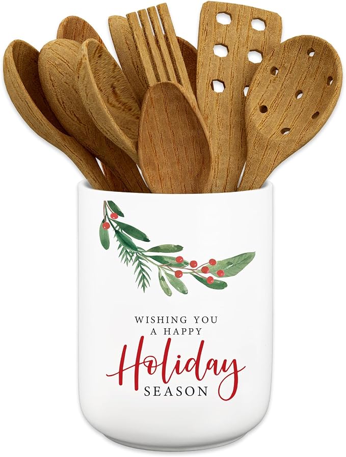 JarThenaAMCS Christmas Ceramic Utensil Holder Holly Berry Wishing You A Happy Holiday Utensil Crock for Winter Xmas Home Kitchen Countertop Storage Organizer Container