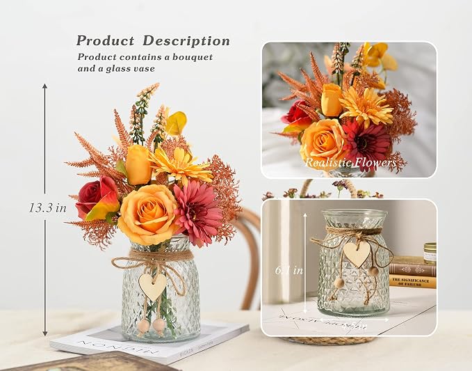 Artificial Flowers with Vase, Faux Silk Flowers Arrangement in Vase, Rustic Home Office Decorations, Farmhouse Dining Table Decor, Coffee Table Centerpiece, Fall Table Plant Decor