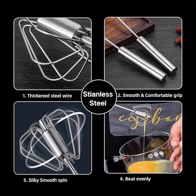 12 Inch Stainless Steel Egg Whisk - Hand Push Rotary Whisk Blender - Versatile Milk Frother, Hand Push Mixer Stirrer for Beating & Stirring, Whisking, Blending