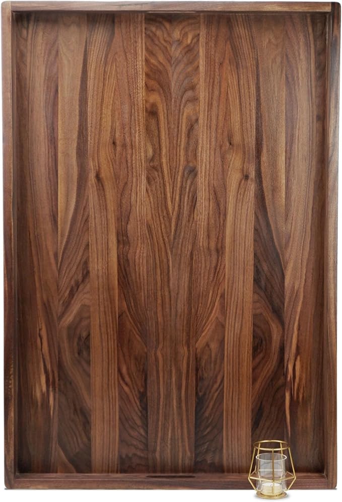 38 x 26 Inches Extra Large Rectangle Black Walnut Wood Ottoman Tray with Handles, Serve Tea, Coffee Classic Wooden Decorative Serving Tray