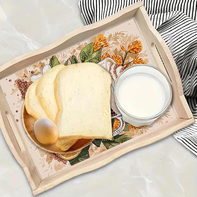 BAYUNOE DIY Diamond Serving Tray Rectangular Breakfast Tray with Handle Handmade Diamond Art Painting Wooden Tray Spring Creative Dinner Plate Coffee Room Living Home Organizer-Coffee